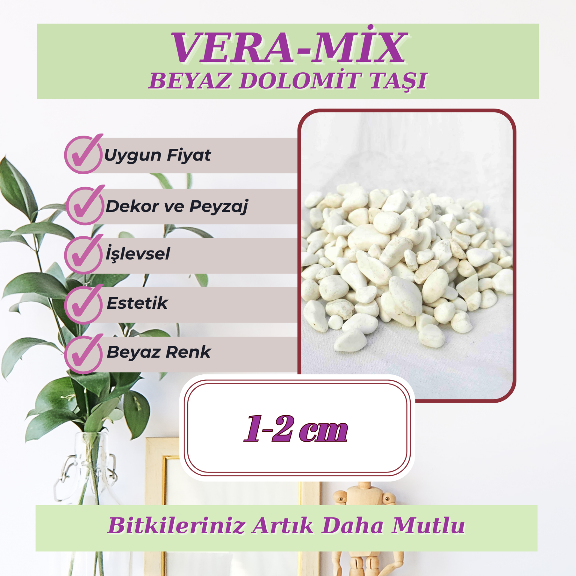 Beyaz Dolomit Taşı 1-2 CM 20 KG