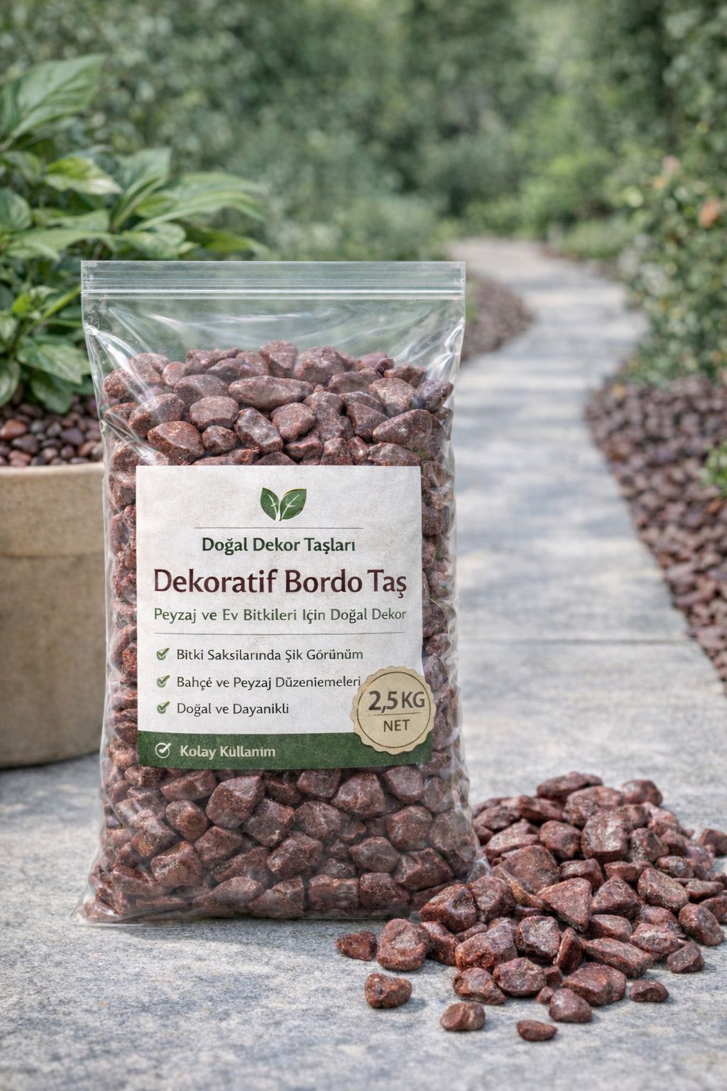 Dekoratif Bordo Çakıl Taşı 1-2 Cm 2,5 Kg